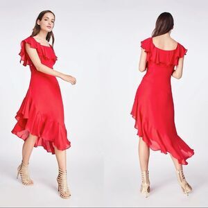 Nicole Miller Collection 100% Silk Flutter Sleeve Coral Asymmetrical Dress NWT